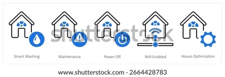 A set of 5 mix icons as smart washing, maintenance, power off