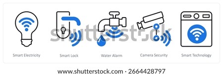 A set of 5 mix icons as smart electricity, smart lock, water alarm