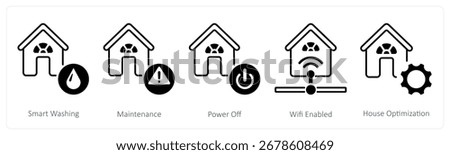 A set of 5 mix icons as smart washing, maintenance, power off