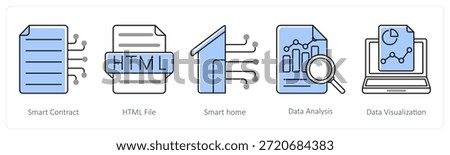 A set of 5 mix icons as smart contract, html file, smart home in grey color
