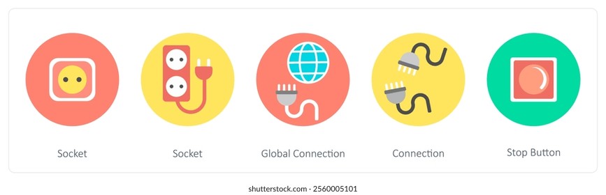 A set of 5 mix icons as socket, global connection, connection