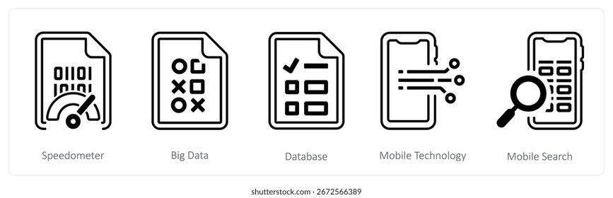 Un conjunto de 5 iconos de mezcla como velocímetro, big data, base de datos
