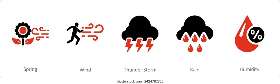 A set of 5 mix icons as spring, wind, thunderstorm