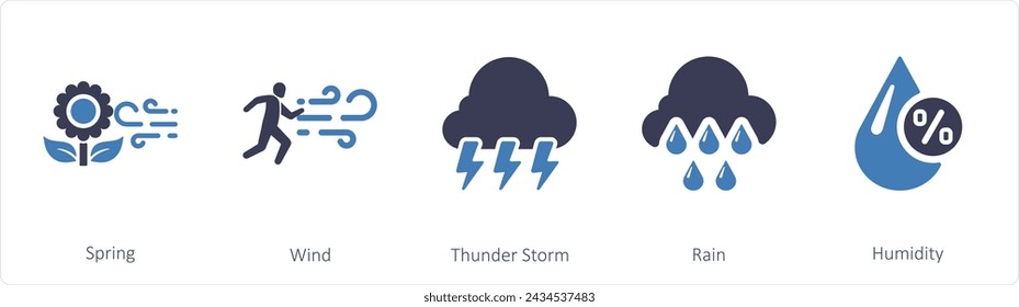 A set of 5 mix icons as spring, wind, thunderstorm