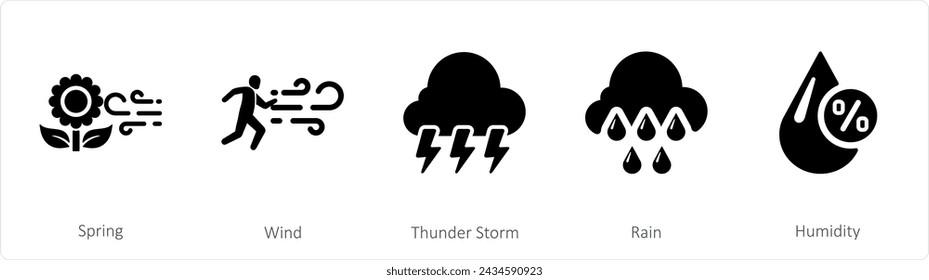 A set of 5 mix icons as spring, wind, thunderstorm