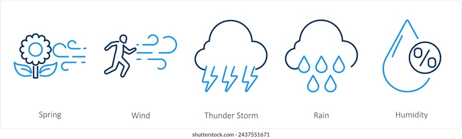 A set of 5 mix icons as spring, wind, thunderstorm