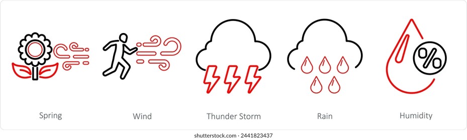 A set of 5 mix icons as spring, wind, thunderstorm