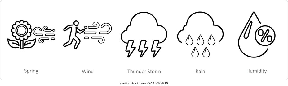 A set of 5 mix icons as spring, wind, thunderstorm