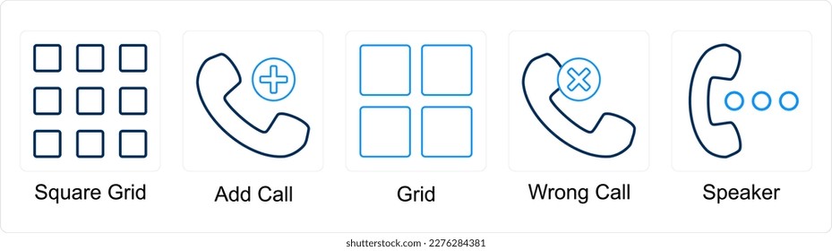 Un conjunto de 5 iconos de mezcla como cuadrícula cuadrada, agregar llamada, cuadrícula