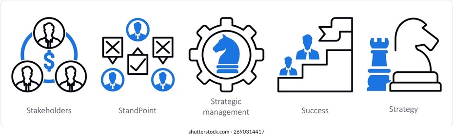 A set of 5 mix icons as stakeholders, standpoint, strategic management