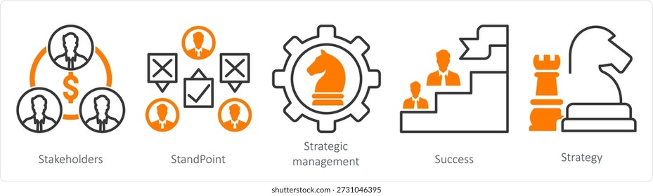A set of 5 mix icons as stakeholders, standpoint, strategic management