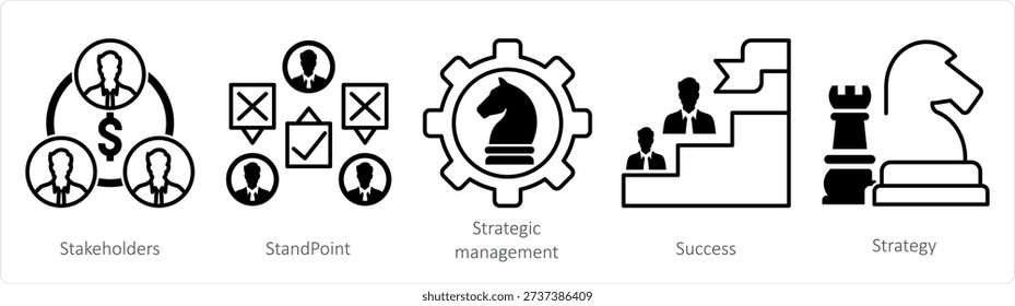 A set of 5 mix icons as stakeholders, standpoint, strategic management