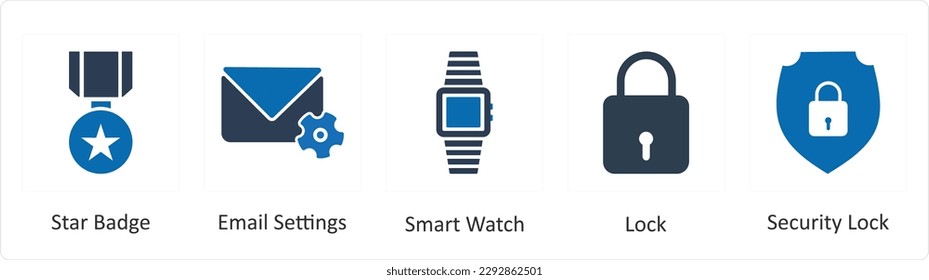 Un conjunto de 5 iconos de mezcla como placa de estrella, configuración de correo electrónico, reloj inteligente