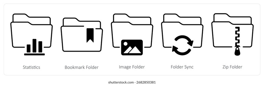 Ein Satz von 5 Mix-Icons als Statistik, Lesezeichen-Ordner, Bildordner