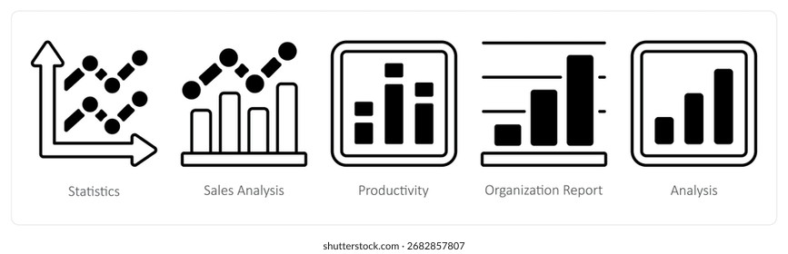 A set of 5 mix icons as statistics, sales analysis, productivity

