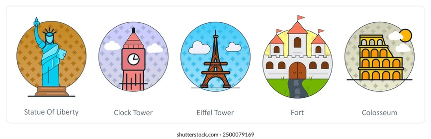 A set of 5 Mix icons as stature of liberty, clock tower, eiffel tower