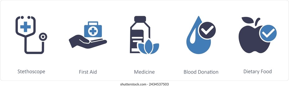 Un conjunto de 5 iconos de mezcla como estetoscopio, primeros auxilios, medicina