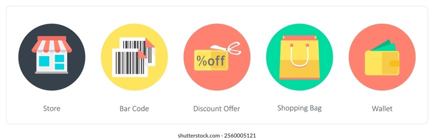 A set of 5 mix icons as store, bar code, discount offer