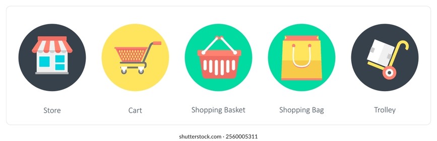 A set of 5 mix icons as store, cart, shopping baske