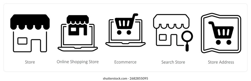 Un conjunto de 5 iconos de mezcla como tienda, tienda de compras en línea, comercio electrónico