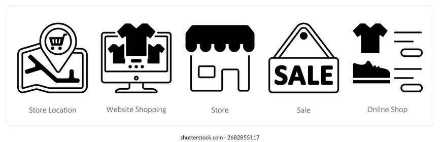 Ein Satz von 5 Mix-Icons als Shop-Standort, Website-Shopping, Shop