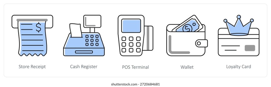 A set of 5 mix icons as store receipt, cash register, pos terminal in grey color