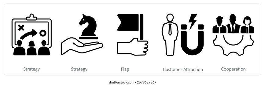 A set of 5 mix icons as strategy, flag, customer attraction