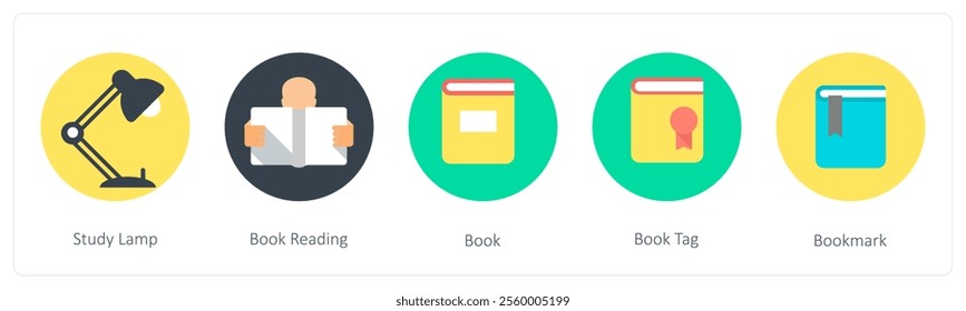 A set of 5 mix icons as study lamp, book reading, book