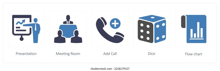 A set of 5 mix icons such as presentation, meeting room