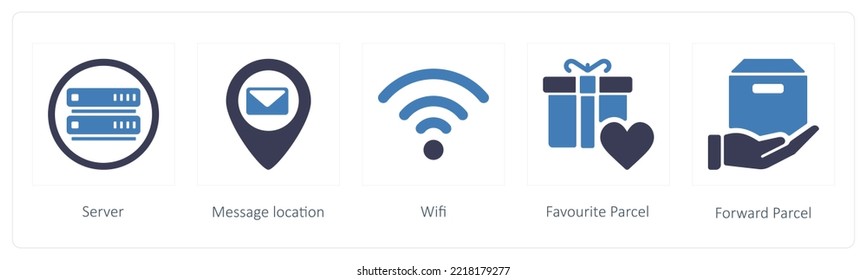 A set of 5 mix icons such as server, message location