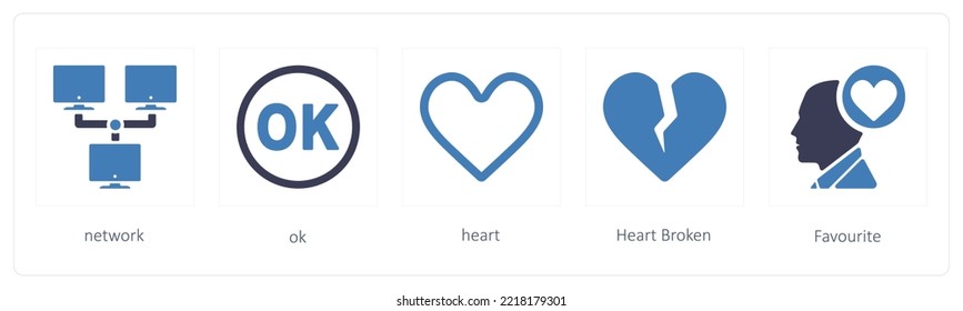 A set of 5 mix icons such as network, ok, heart
