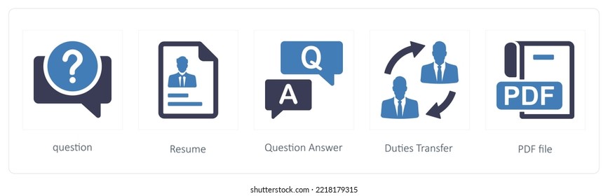 A set of 5 mix icons such as question, resume, question
