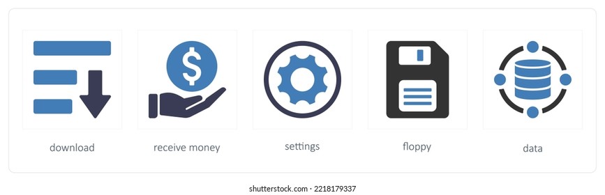 A set of 5 mix icons such as download, receive money