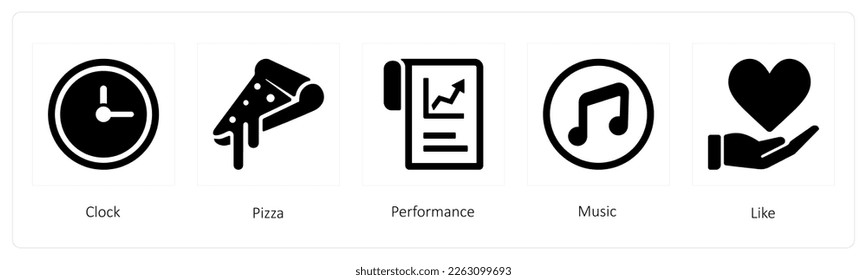 A set of 5 mix icons such as clock, pizza, performance