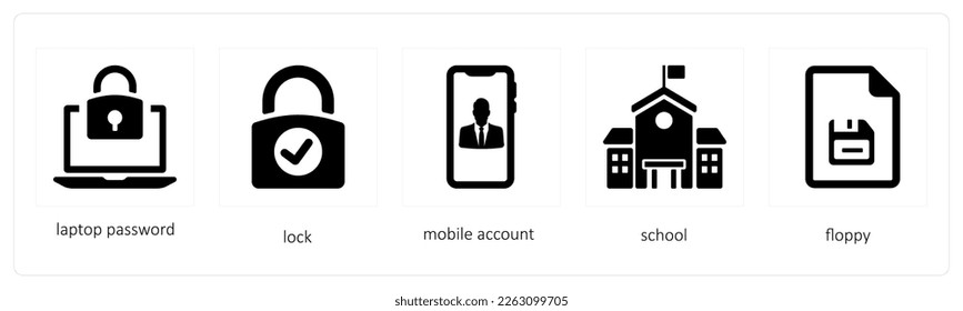 A set of 5 mix icons such as laptop password, lock, safety