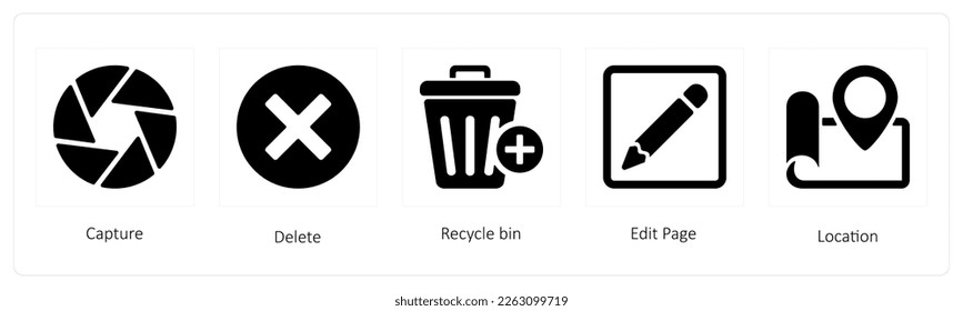 A set of 5 mix icons such as capture, delete, recycle bin