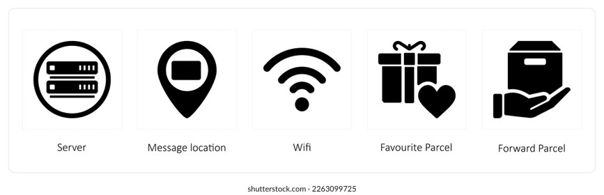 A set of 5 mix icons such as server, message location