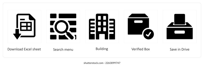 A set of 5 mix icons such as download excel sheet, search menu
