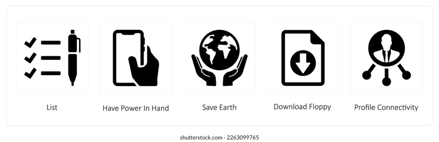 A set of 5 mix icons such as list, have power in hand
