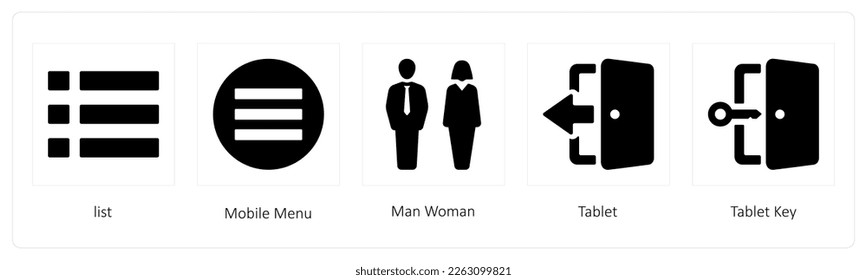 A set of 5 mix icons such as list, mobile menu, man woman