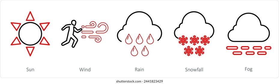 A set of 5 mix icons as sun, wind, rain