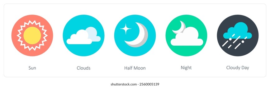 A set of 5 mix icons as sun, clouds, half moon