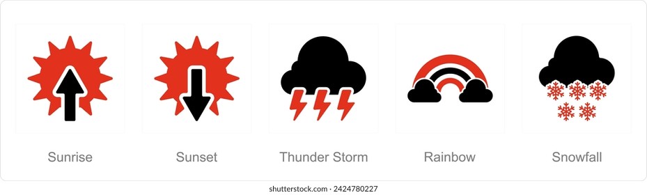 A set of 5 Mix icons as sunrise, sunset, thunderstorm