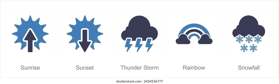 A set of 5 Mix icons as sunrise, sunset, thunderstorm