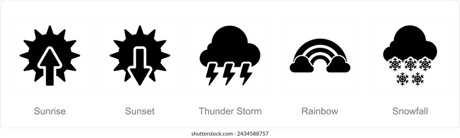 A set of 5 Mix icons as sunrise, sunset, thunderstorm