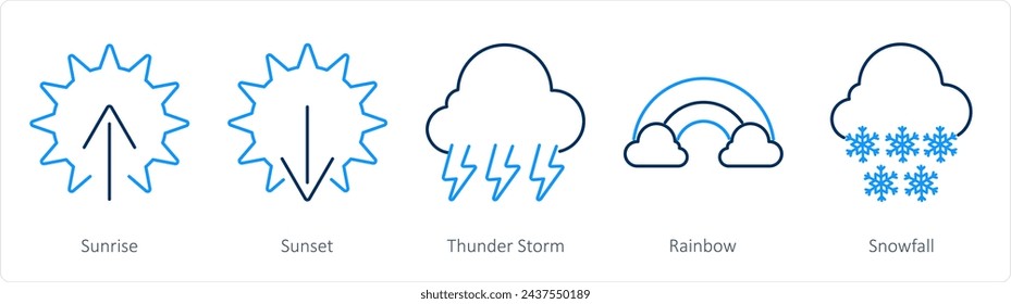 A set of 5 Mix icons as sunrise, sunset, thunderstorm