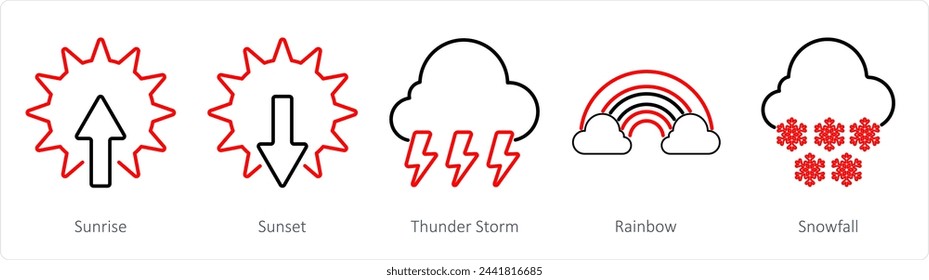 A set of 5 Mix icons as sunrise, sunset, thunderstorm