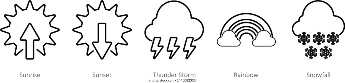 A set of 5 Mix icons as sunrise, sunset, thunderstorm