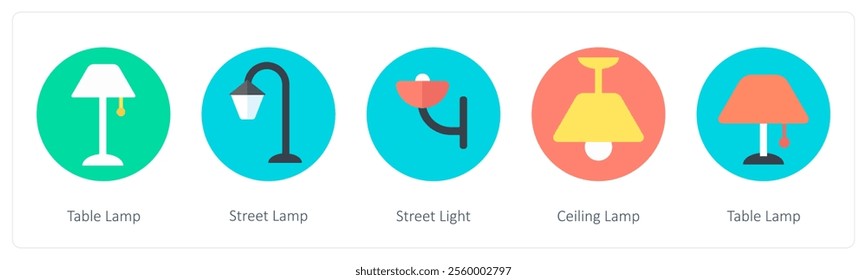 A set of 5 mix icons as table lamp, street lamp, street light