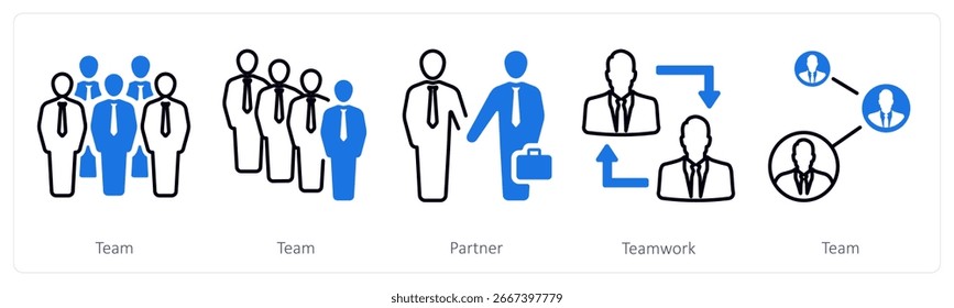 Un conjunto de 5 iconos de mezcla como equipo, socio, trabajo en equipo